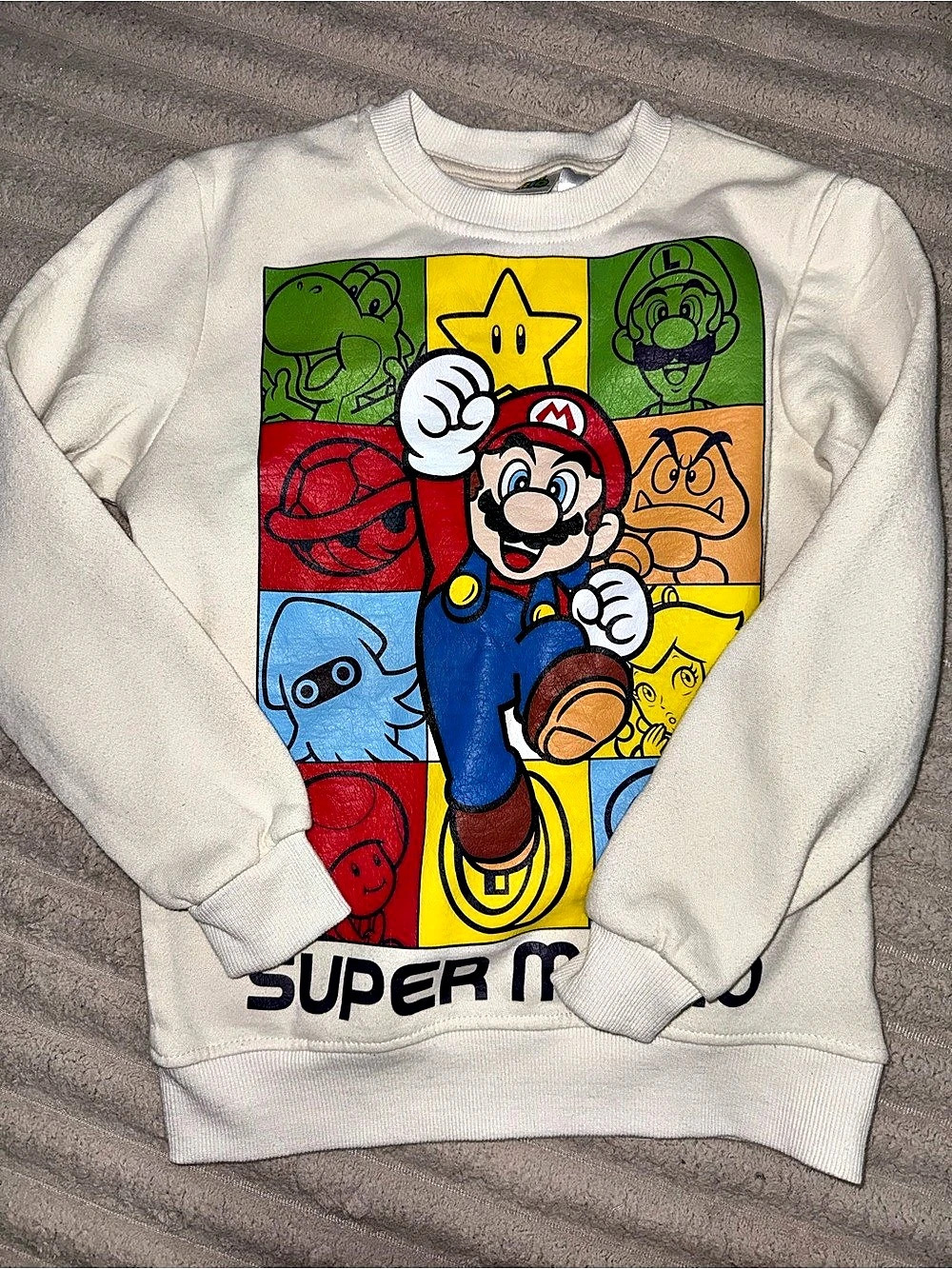 Nintendo Super Mario Kids Crewneck Sweatshirt Size 8 Cream Graphic Print